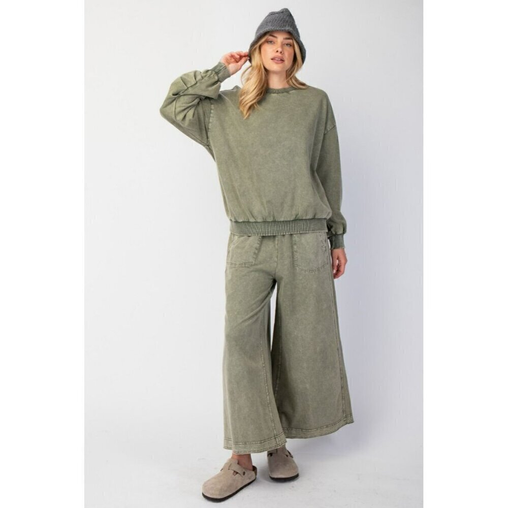 Cozy On The Go Mineral Washed Terry Knit Pants in Faded Olive - Picture 2 of 5